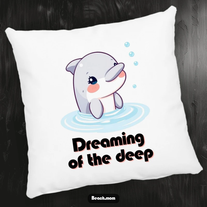 Funny dolphin bubble pillow depicting a happy dolphin blowing bubbles, perfect for cozy and serene decor.