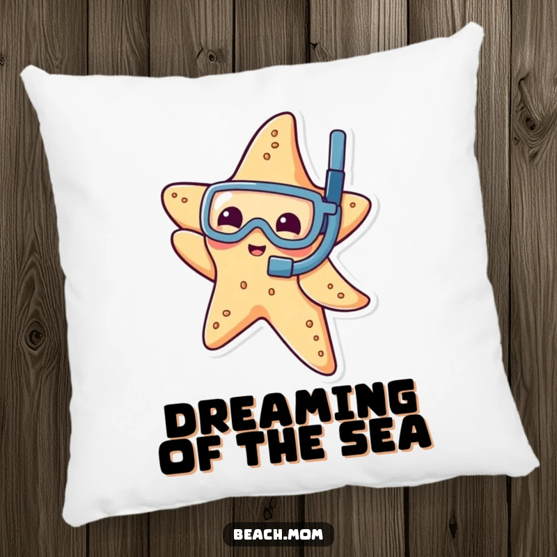 Funny pillow featuring a playful starfish wearing a tiny snorkel, dipping its arm, for cozy underwater vibes.