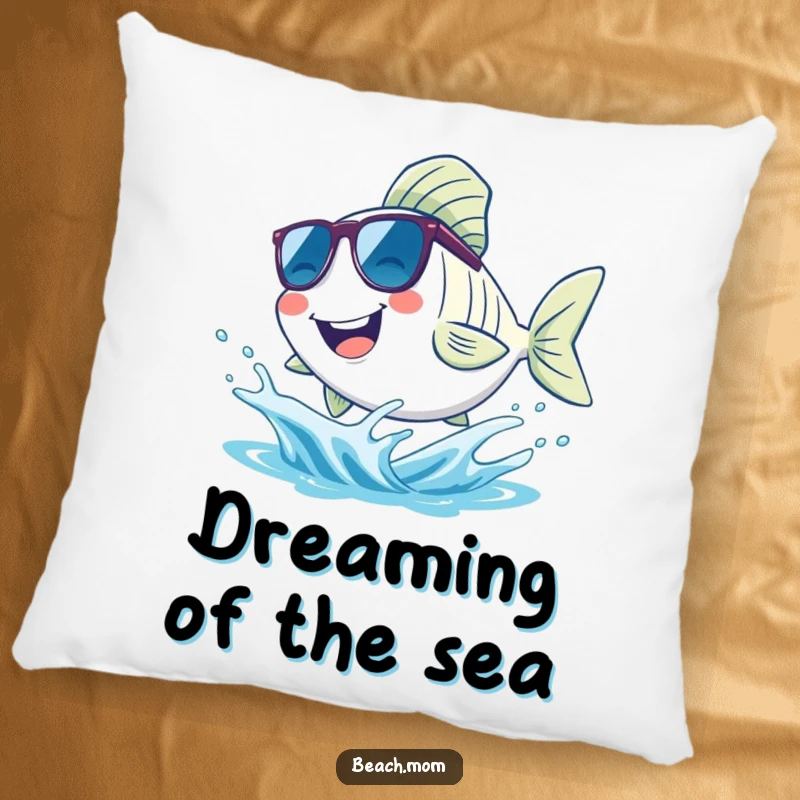 Funny fish pillow, depicting a smiling fish wearing sunglasses and splashing in a small wave, ideal for comfortable, humorous decor.