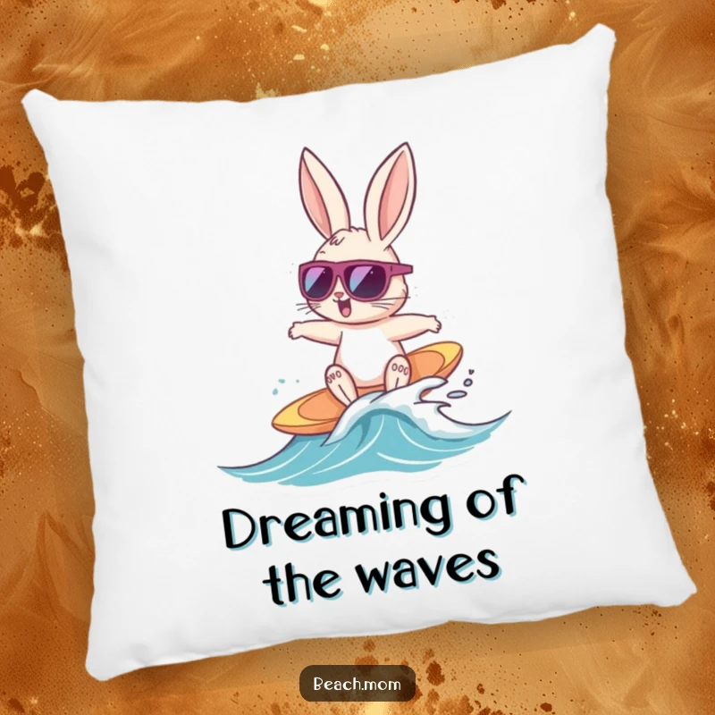 Funny Bunny Surfer pillow showcasing a cool bunny with sunglasses surfing a tiny wave, ideal for comfortable and humorous beach decor.