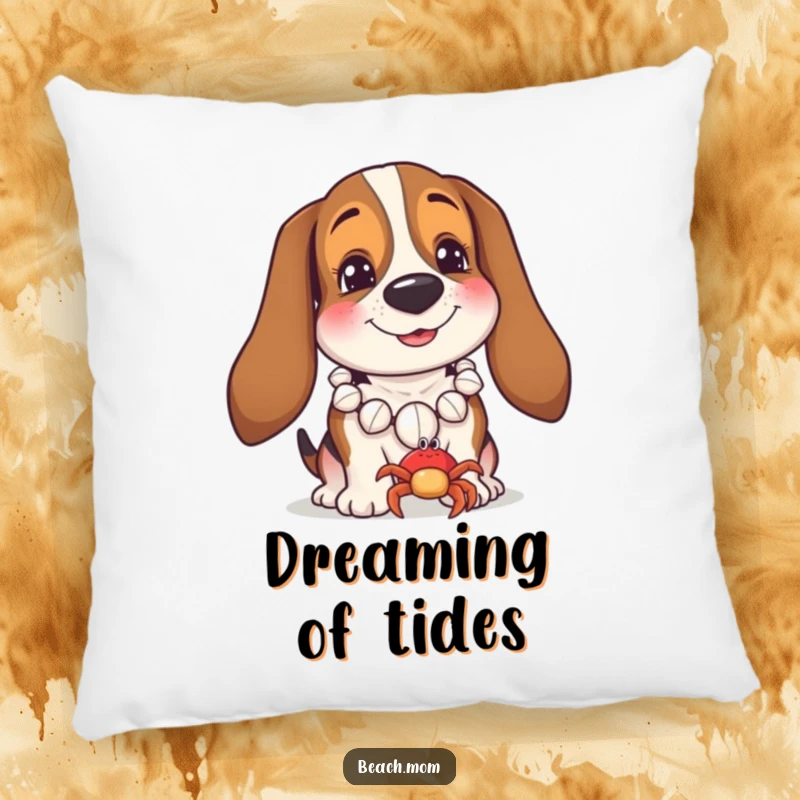 Funny Basset Hound pillow featuring a dog with a seashell necklace interacting with a small crab, perfect for beachy comfort.
