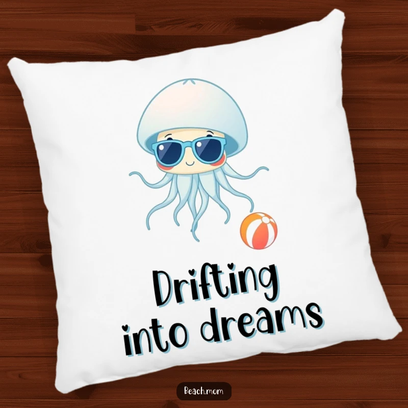 Funny Jellyfish Shades Pillow: Soft pillow with a jellyfish in sunglasses near a beach ball, offering funny beach-themed comfort.
