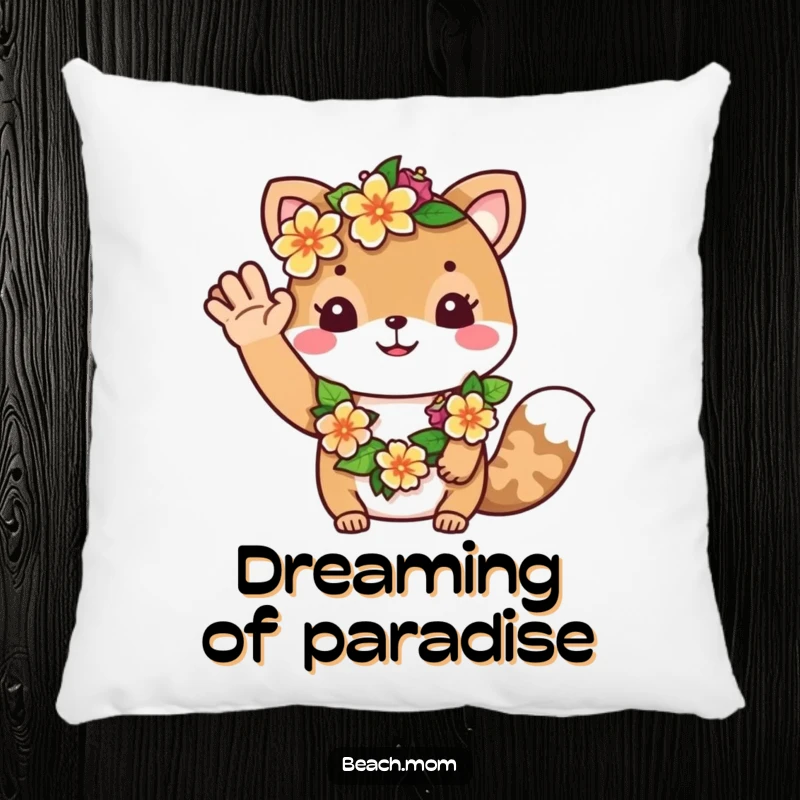 Funny pillow: A welcoming animal character adorned with a flower lei waves hello, adding a touch of tropical comfort.