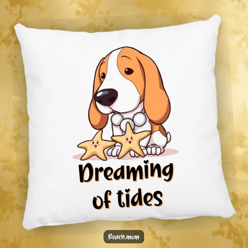 Funny Basset Hound pillow featuring a dog with a seashell necklace curiously inspecting a starfish, offering seaside comfort and whimsy.