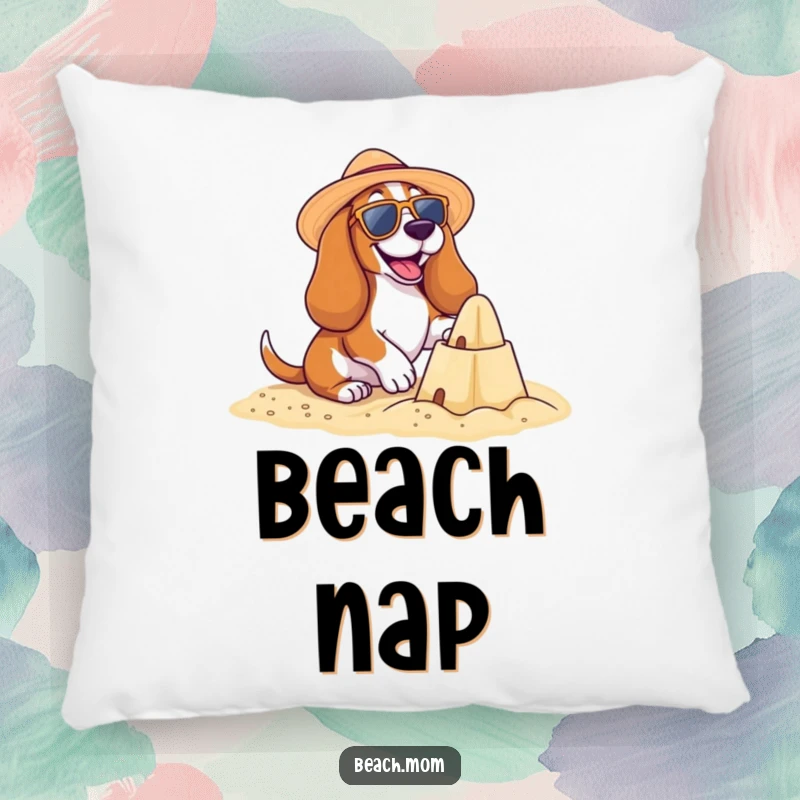 Funny Basset Hound Beach Pillow: A happy Basset hound builds a sandcastle, wearing beach attire, offering comfort and summer humor, funny gift.