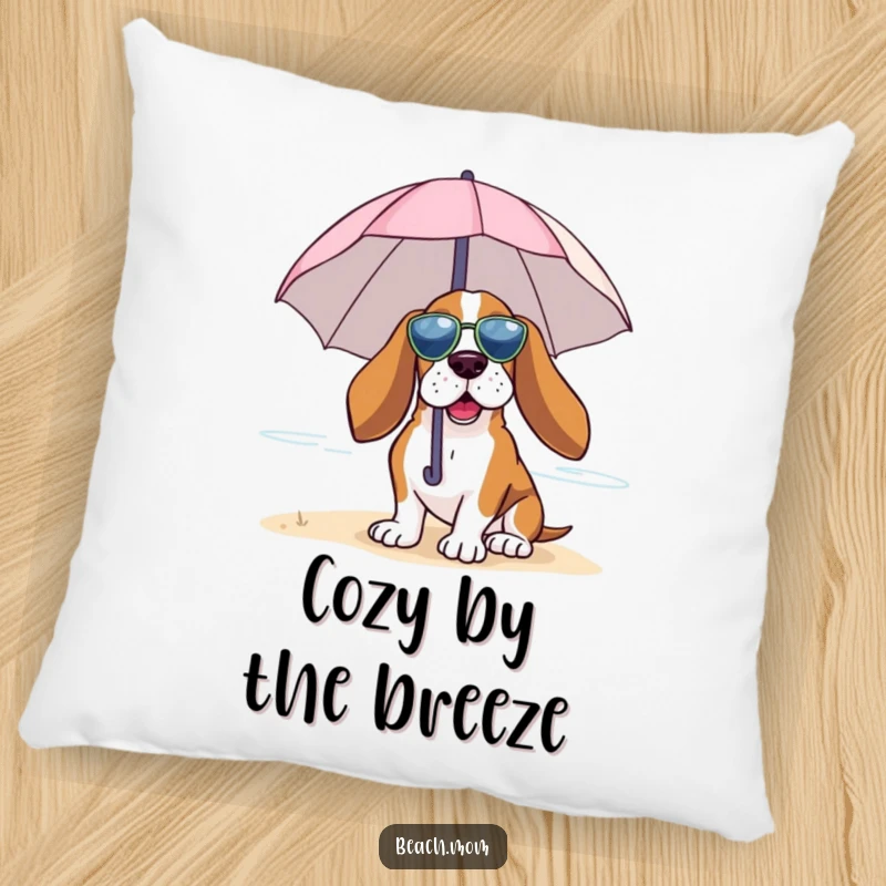 Funny Basset Hound pillow featuring a dog under a tiny umbrella, enjoying the beach breeze, designed for ultimate comfort.