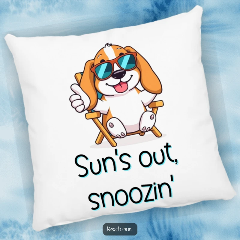 Funny Basset Hound pillow featuring a dog in sunglasses giving a thumbs up from a beach chair, offering comfort and cool vibes.