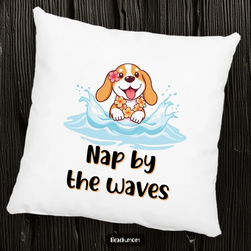 Funny Basset hound pillow depicting a dog with a flower lei splashing happily in beach waves, adding cozy humor.