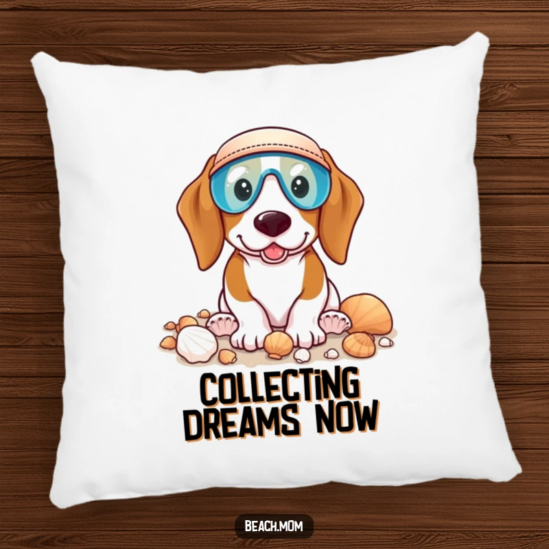 Funny Basset Hound pillow featuring a dog wearing a visor, happily collecting seashells, perfect for beachy comfort.