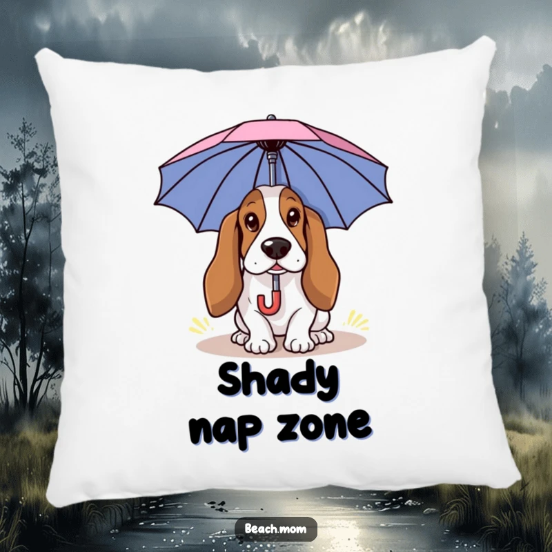 Funny Basset Hound pillow featuring a dog using a small umbrella for shade, perfect for adding humorous comfort.