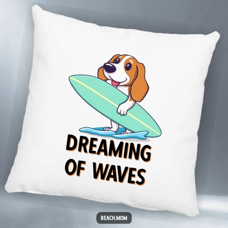 Funny Basset Hound pillow featuring an excited dog holding a surfboard, ready to paddle, adding comfort and surf vibes.