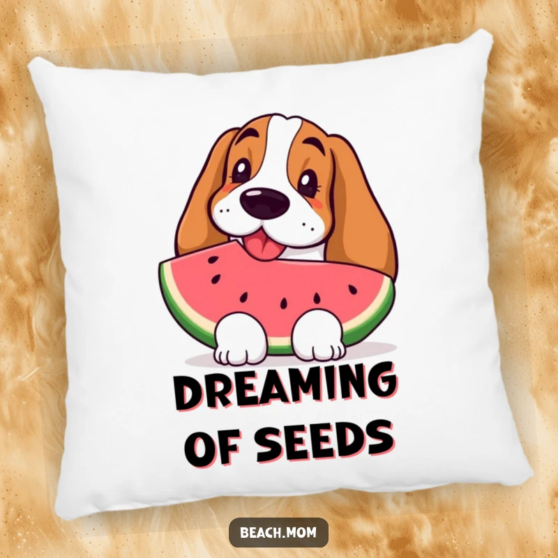 Funny Basset Hound pillow featuring a happy dog enjoying a refreshing slice of watermelon, bringing summer vibes.
