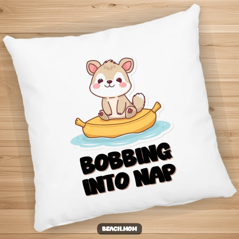 Funny animal character happily bobbing on a raft, embodying pure joy and relaxation, ideal for a comfy pillow.
