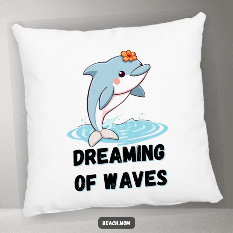 Funny dolphin wearing a lei, jumping out of water, perfect for a soft and humorous tropical pillow.