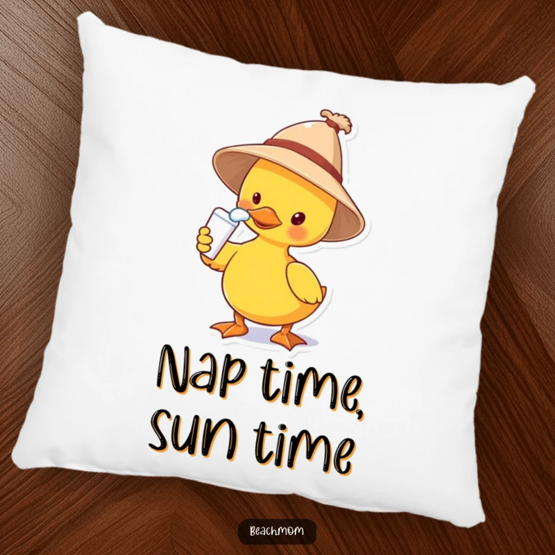 Funny pillow featuring a duck in a sun hat, applying sunscreen to its nose, a cozy and humorous addition to any room decor.