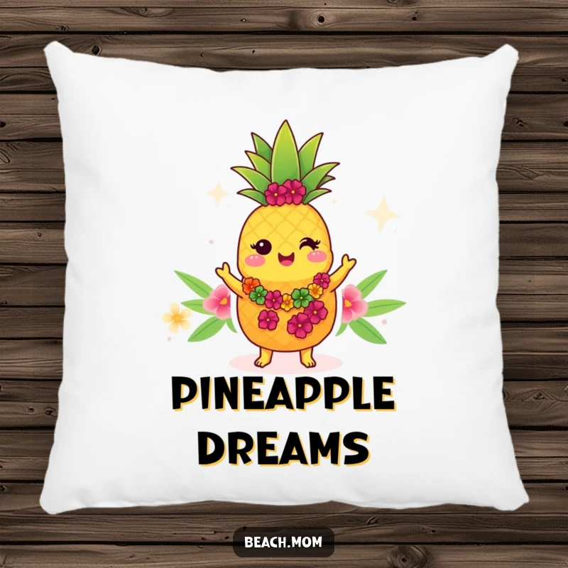 Funny Kawaii pineapple pillow, soft cartoon fruit character in a lei, dancing the hula, tropical comfort.