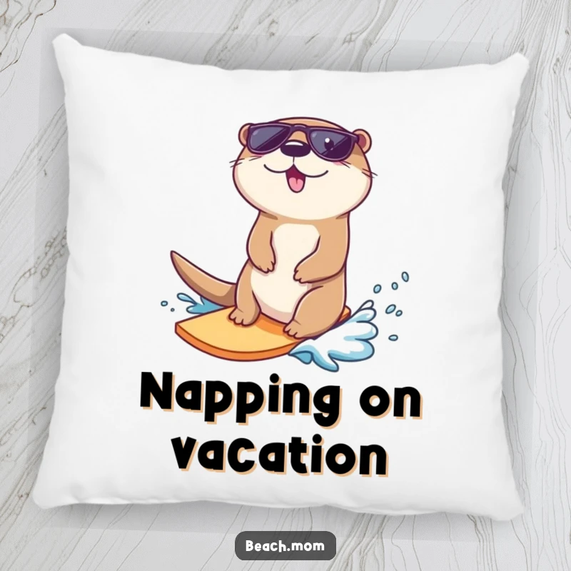 Funny otter pillow, plush cushion featuring a cool otter in sunglasses surfing a wave.