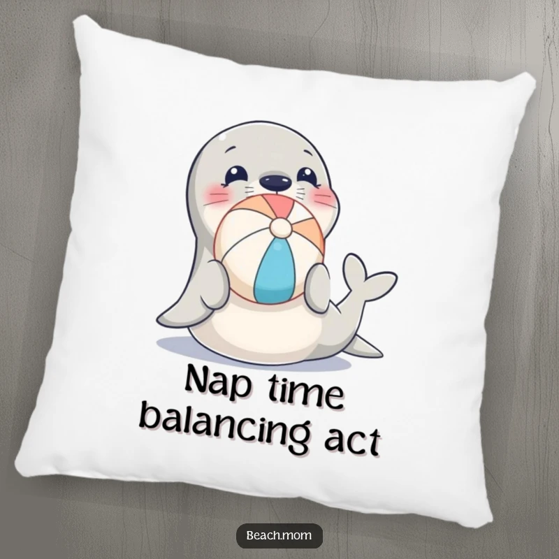 Funny decorative pillow with a cute seal balancing a beach ball on its nose, adding a touch of humor to any room.