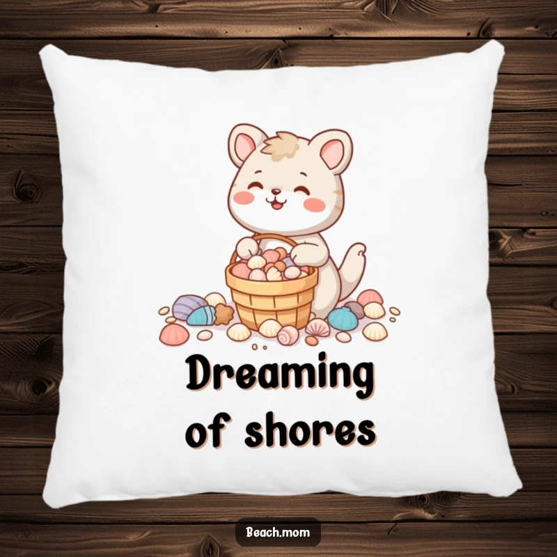 Funny animal character with a bucket full of seashells, smiling happily, perfect for a comfortable pillow.