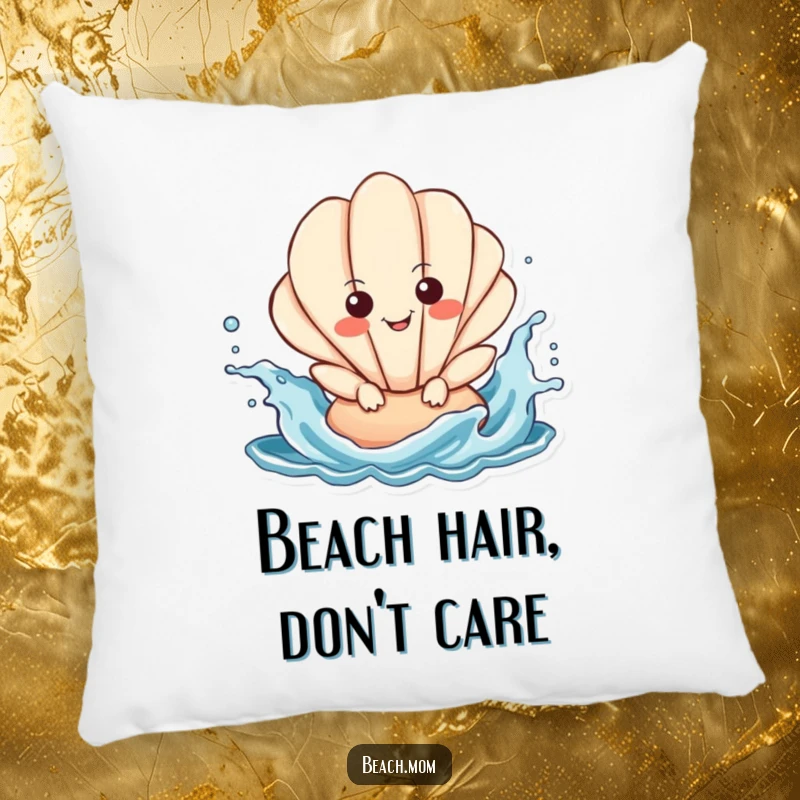 Funny Seashell Pillow featuring a smiling seashell character splashing playfully in calm ocean waters, adding comfort and humor.