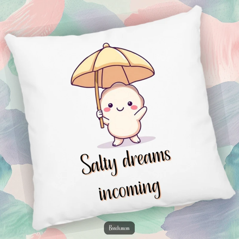 Funny smiling seashell pillow with a character holding a beach umbrella, perfect for seaside decor, a humorous and comfortable cushion.