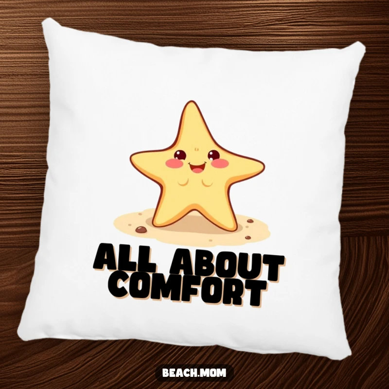 Funny Starfish Pillow: a smiling starfish character performing a cartwheel on sand, offering plush comfort and humor.