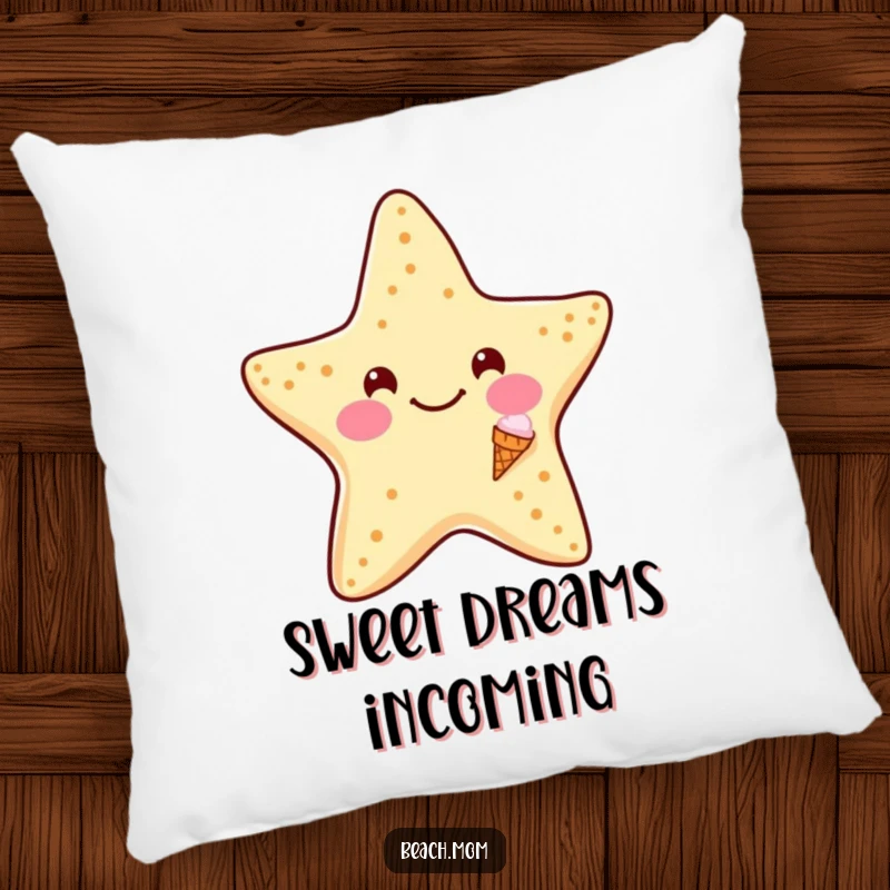 Funny Starfish Ice Cream Pillow: Soft pillow with a smiling starfish holding a tiny ice cream cone, offering funny sweet-themed comfort.