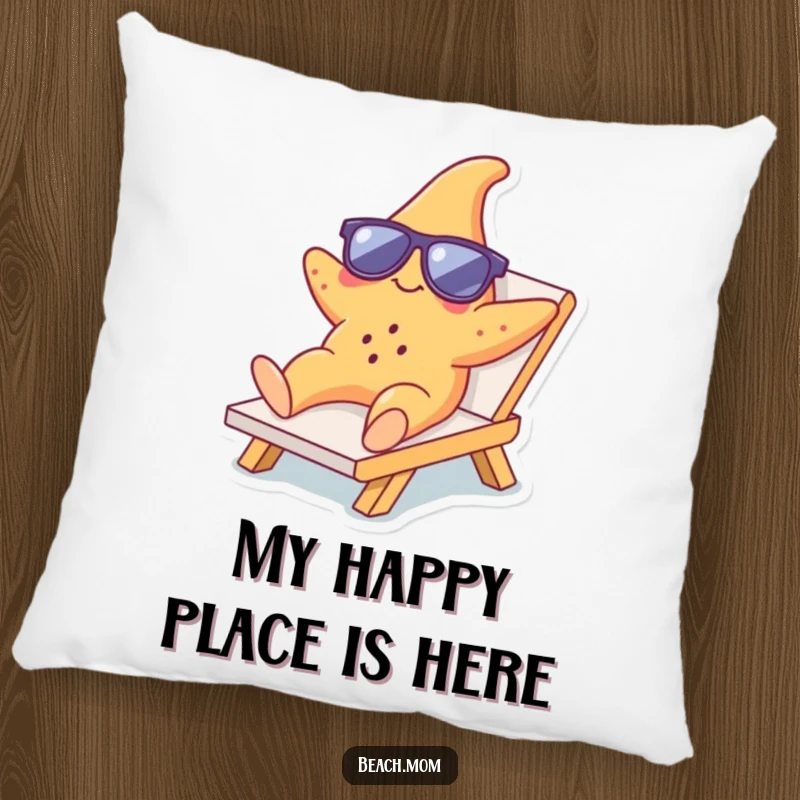 Funny Starfish Lounger Pillow: Soft pillow featuring a starfish in sunglasses on a lounge chair, offering funny beach-themed comfort.