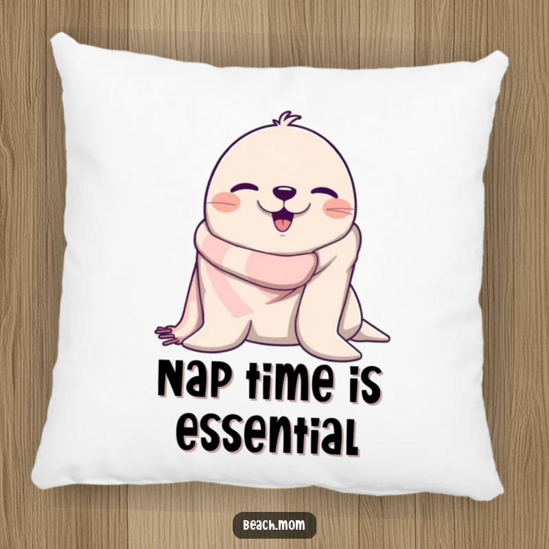 Funny seal with a beach towel winking, offering soft comfort and a humorous touch to any pillow.