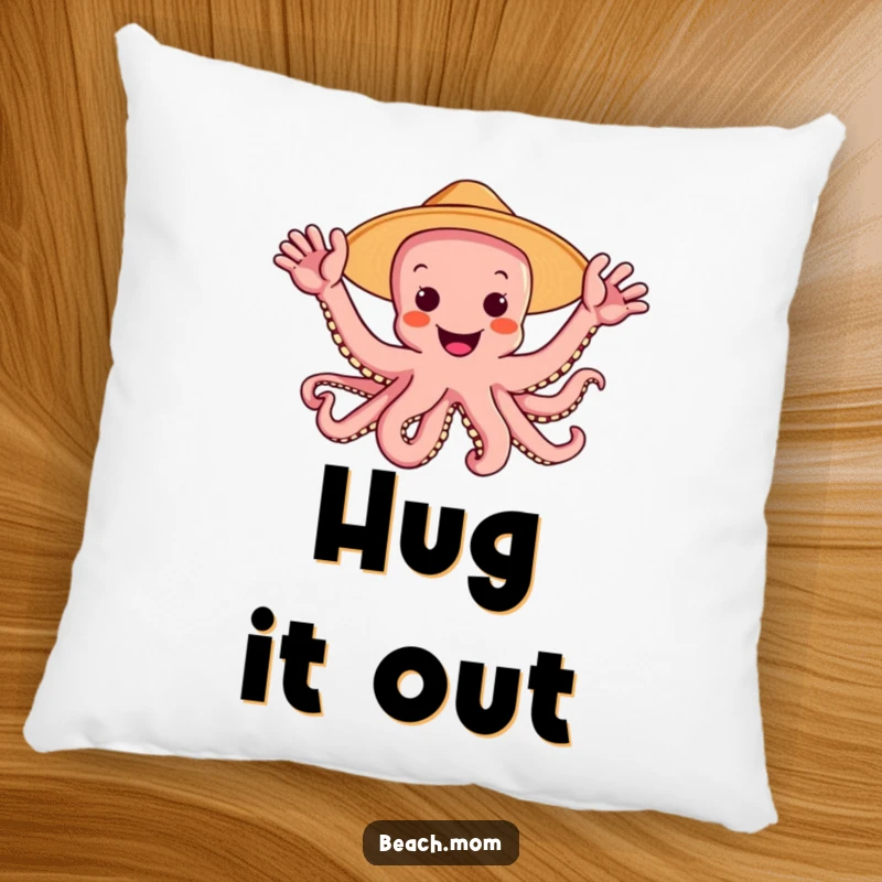 Funny octopus wearing a sun hat waving multiple arms joyfully, depicted on a soft pillow, adding cheerful ocean vibes.