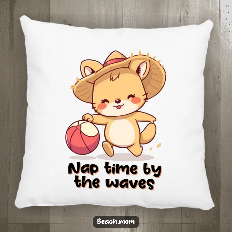 Funny pillow: A comical animal character in a straw hat is depicted in a fun chase after a beach ball.