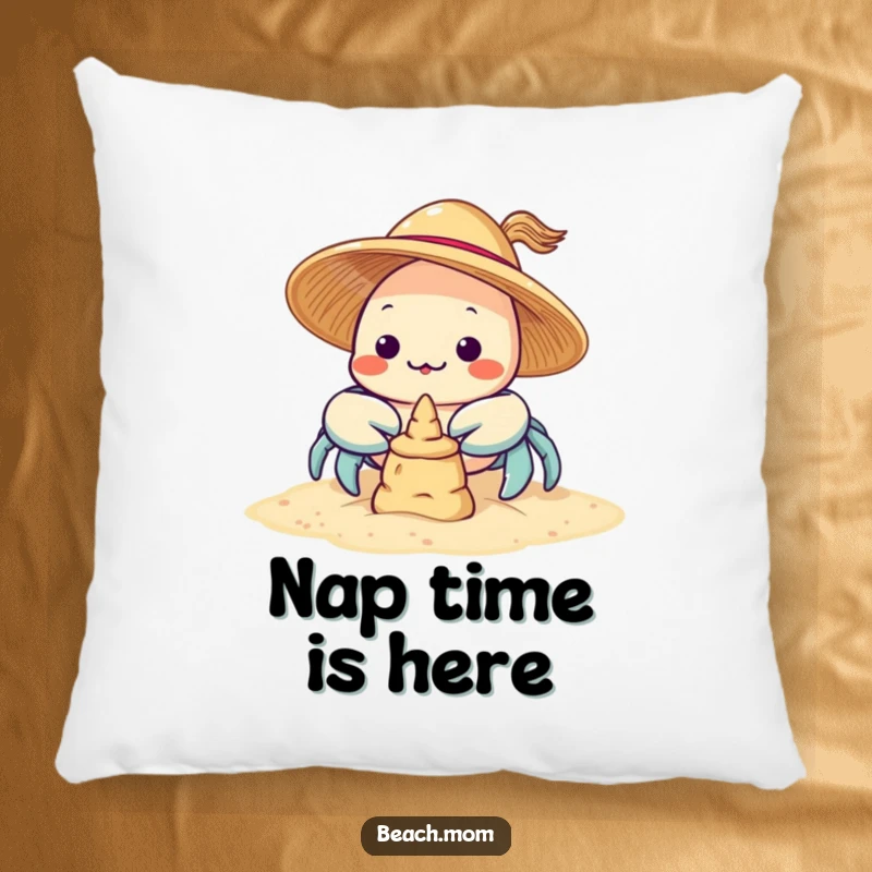 Funny Kawaii Crab Pillow: a cute crab wearing a sun hat attempting to build a sandcastle, bringing cozy vibes.
