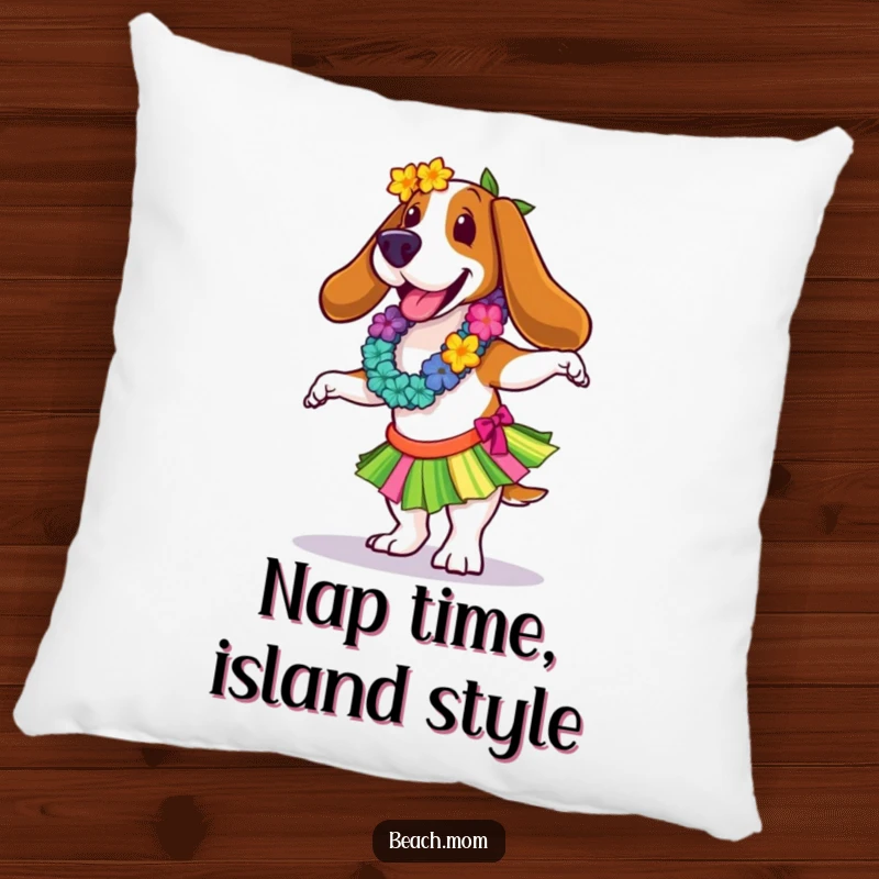 Funny Basset Hound pillow featuring a hula dancer in a lei and skirt, lounging comfortably with a joyful expression.