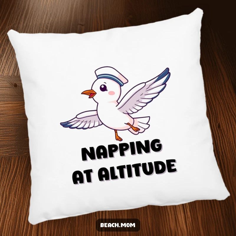 Funny pillow featuring a delighted seagull in a sailor hat, soaring happily, bringing nautical vibes and comfort.