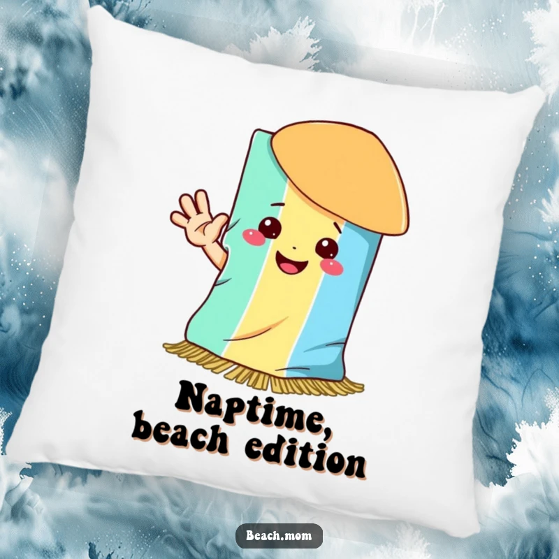 Funny pillow featuring a smiling beach towel waving hello, offering comfort and a cheerful touch.