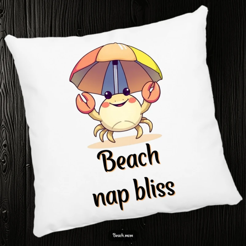 Funny Crab Pillow: A happy crab carrying a colorful beach umbrella, perfect for coastal comfort.