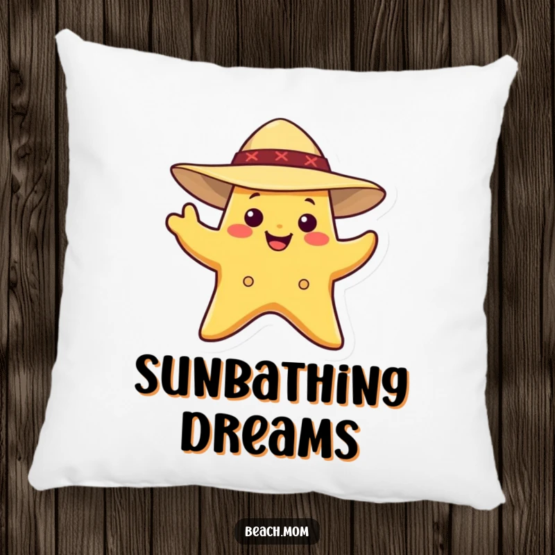 Funny Starfish Pillow: A smiling starfish wearing a sun hat, waving, perfect for coastal comfort.