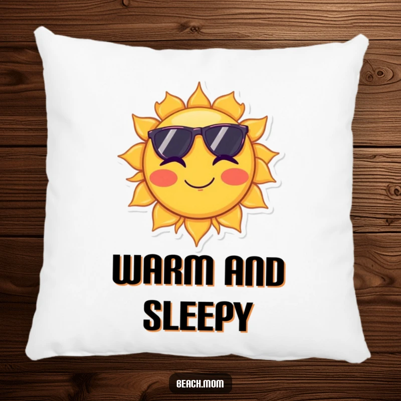 Funny pillow featuring a sun in sunglasses winking, offering comfort and a touch of celestial humor.