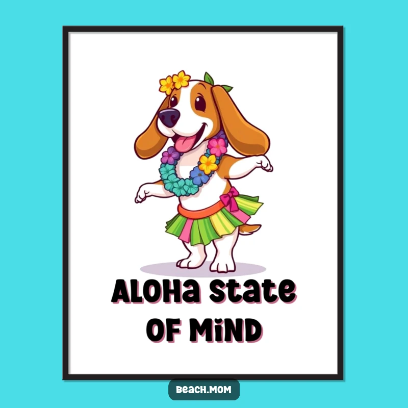 Funny Basset Hound Hula Dancer Digital Art: Hilarious Tropical Wall Decor Gift