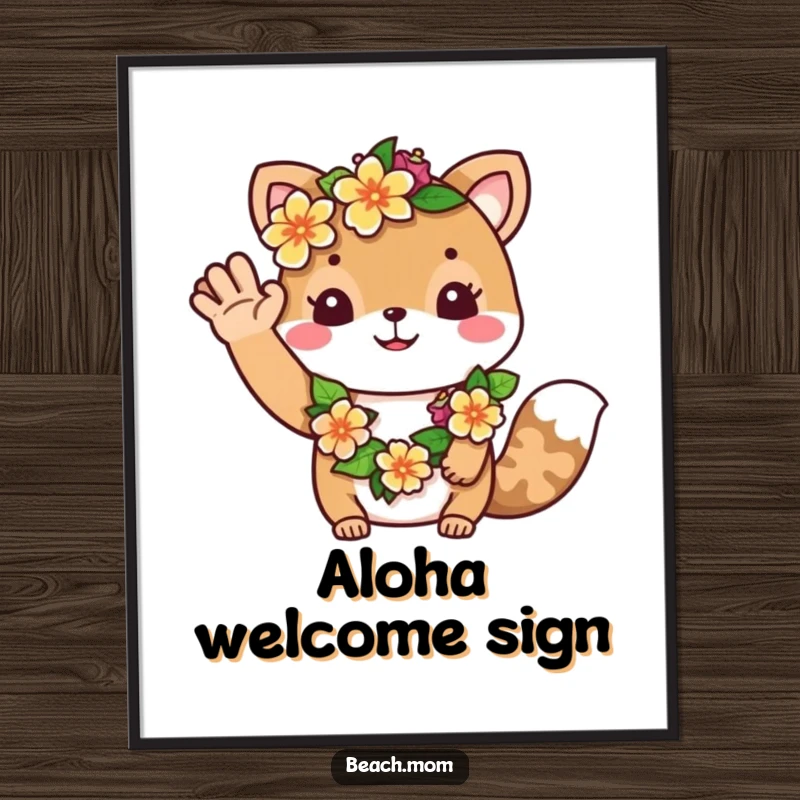 Funny digital art print: A friendly animal character wearing a flower lei waves hello, embodying tropical hospitality and warmth.