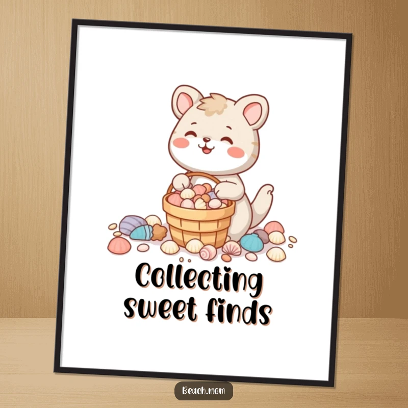 Funny animal character collecting seashells with a full bucket, smiling, printable digital art for coastal decor.