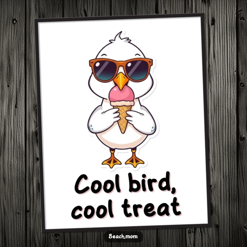 Funny seagull character digital art print wearing sunglasses and holding an ice cream cone, radiating cool beach energy.