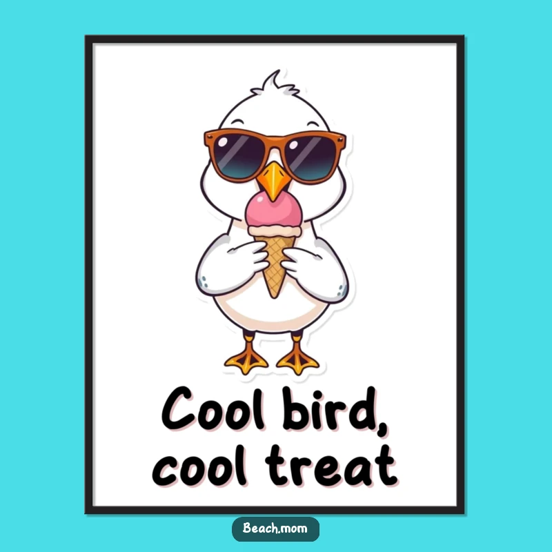 Funny Seagull Digital Art: Cool Sunglasses Ice Cream Print, Instant Gift