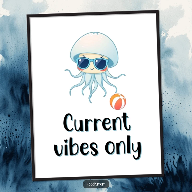 Funny Jellyfish Shades Digital Art Print: High-resolution art of a jellyfish in sunglasses floating by a beach ball, conveying funny coolness.