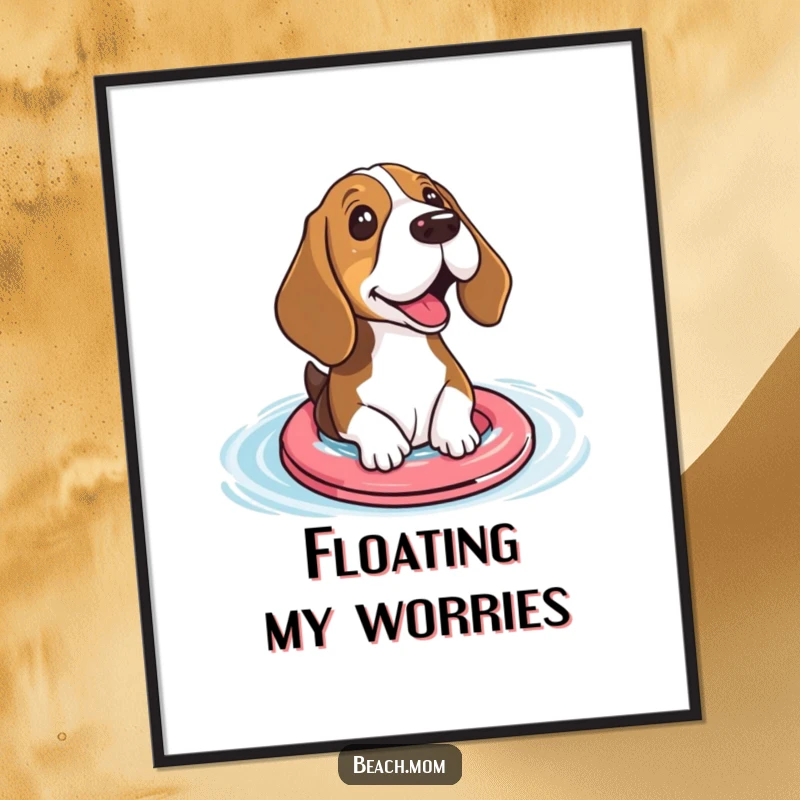 Funny Basset hound digital art print of a dog with floaties excitedly paddling, ideal for instant aquatic decor.