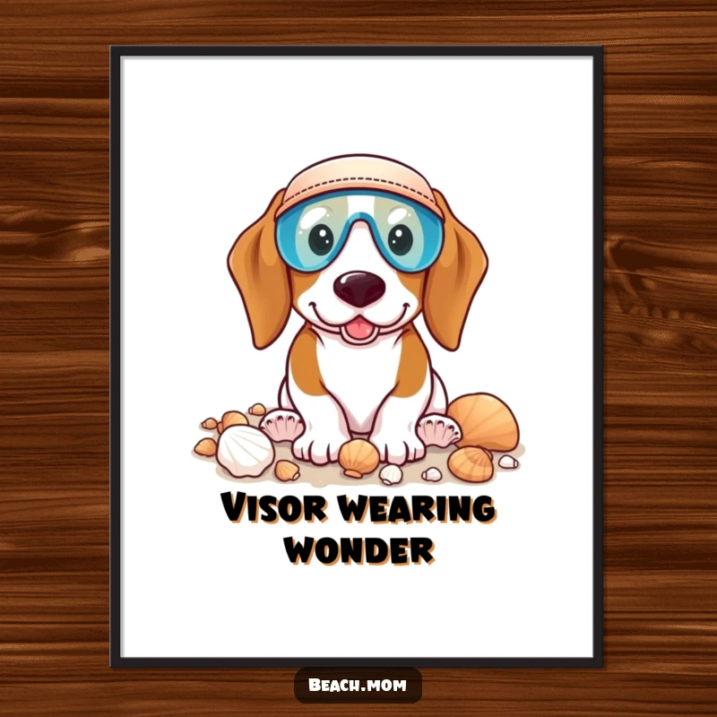 Funny Basset Hound digital art print of a dog wearing a visor, happily collecting seashells, ideal for humorous coastal decor.