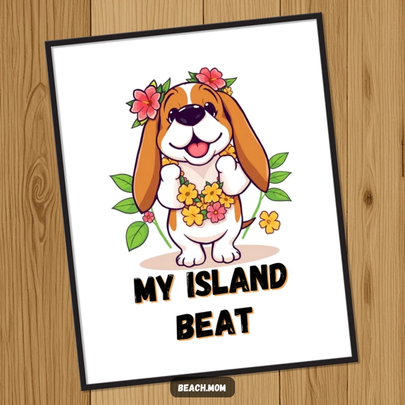 Funny Basset Hound digital art print of a dog in a leis, hilariously attempting a clumsy hula dance.