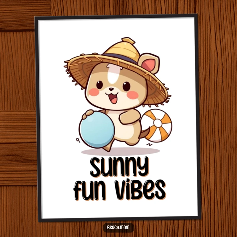 Funny animal character wearing a straw hat chasing a beach ball, as a downloadable digital art print, bringing summer humor anywhere.