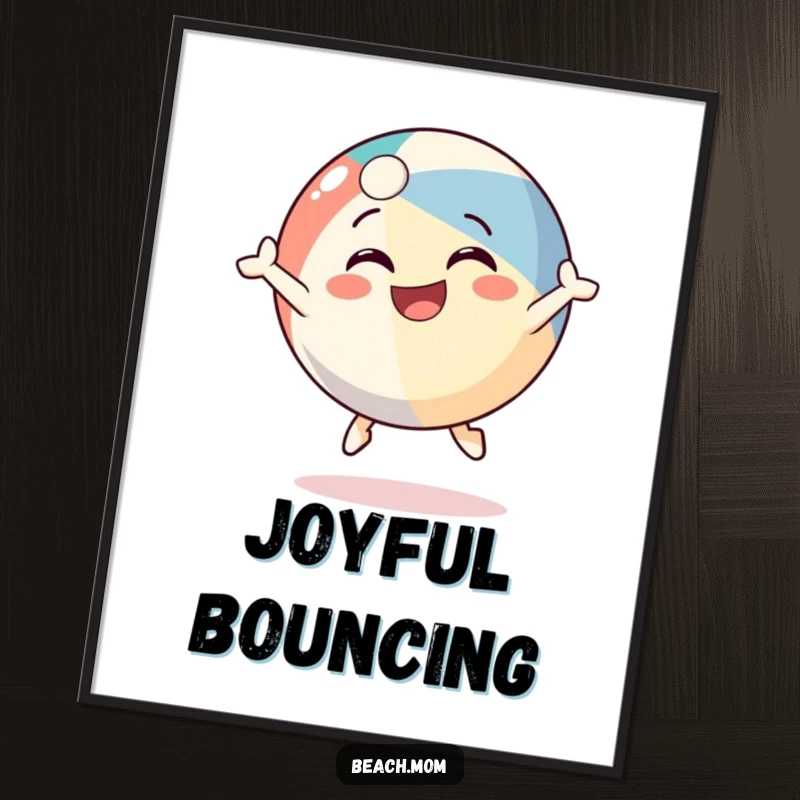 Funny beach ball character digital art print, shown bouncing with a huge grin, radiating summer fun and joy.