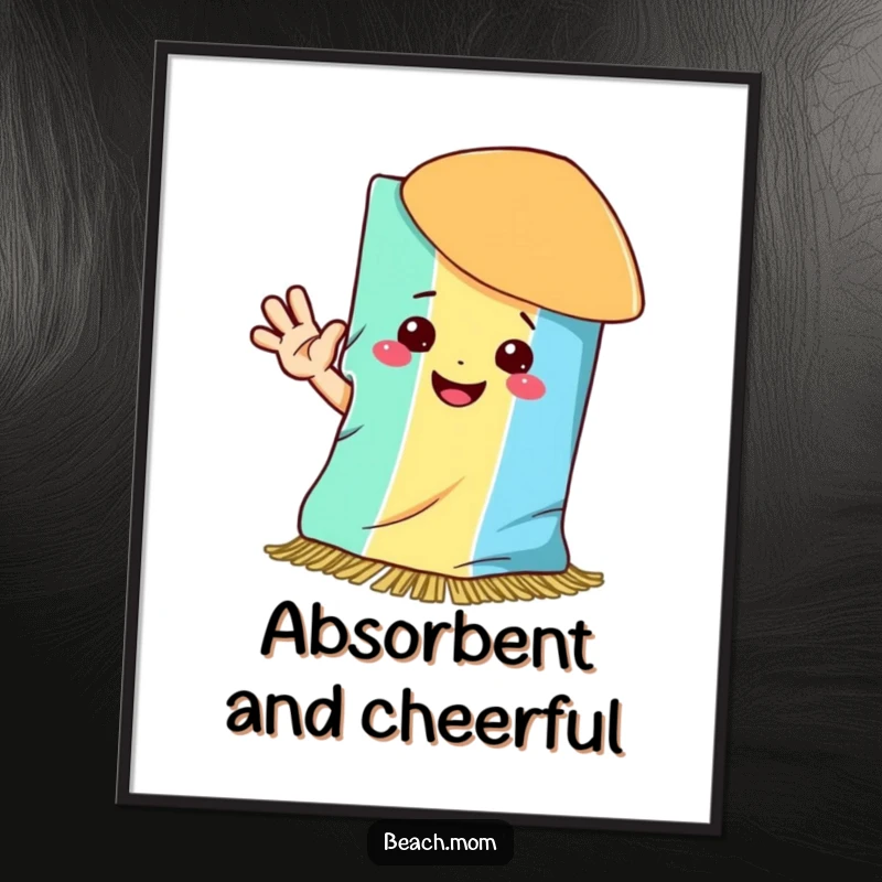 Funny digital art print of a happy beach towel with a smile waving hello, creating instant cheerful decor.
